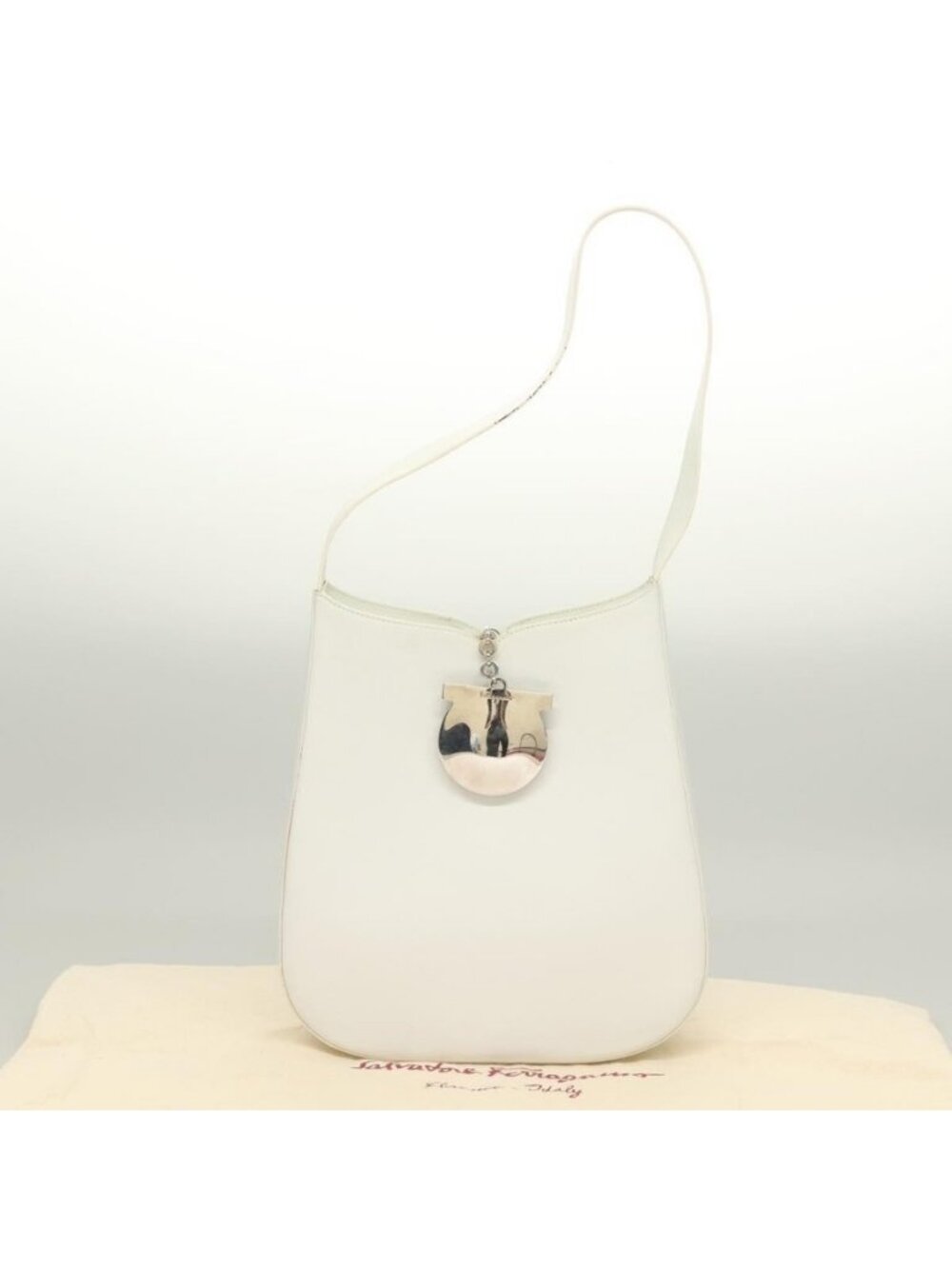 Authentic Salvatore Ferragamo Shoulder Bag Leather White Silver - Picture 4 of 16